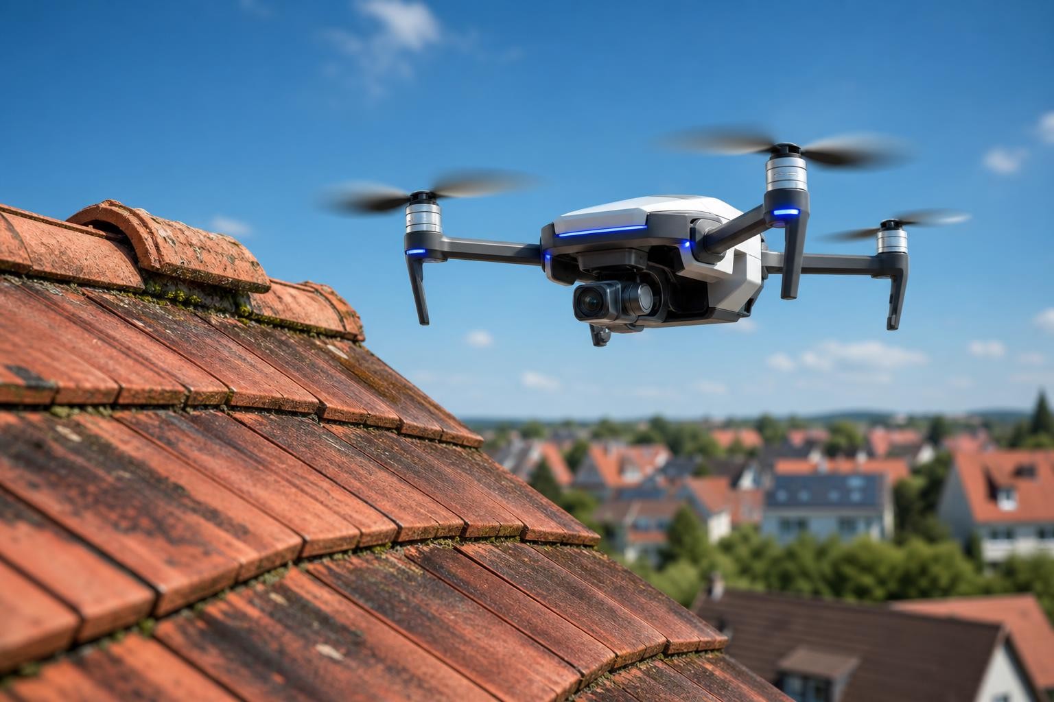 Inspektionsdrohne prüft ein Steildach aus der Luft